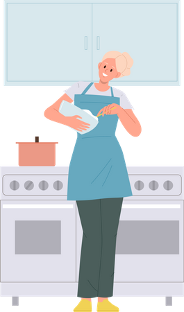 Young woman holding bowl cooking at home kitchen apartment  Illustration