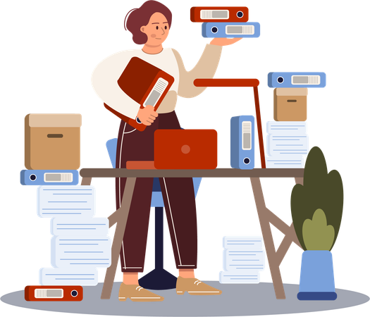 Young woman holding box files at office  Illustration