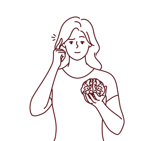 Young woman holding brain and thinking  Illustration