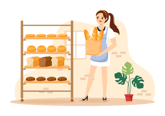 Young woman holding bread package Illustration