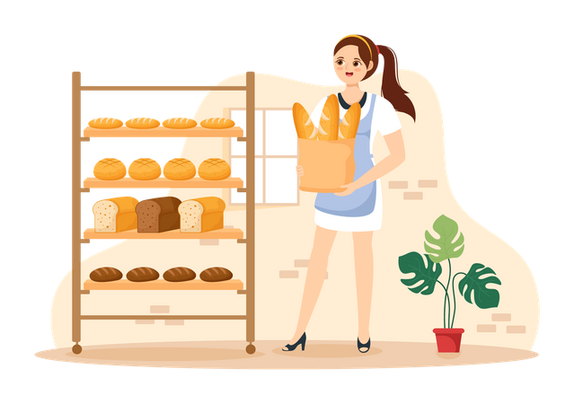 Young woman holding bread package  Illustration