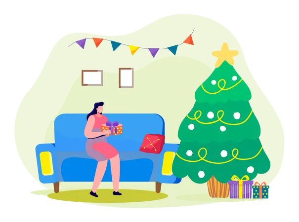 Young woman holding Christmas gift  Illustration