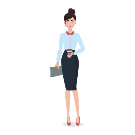 Young woman holding coffee cup business report  Illustration