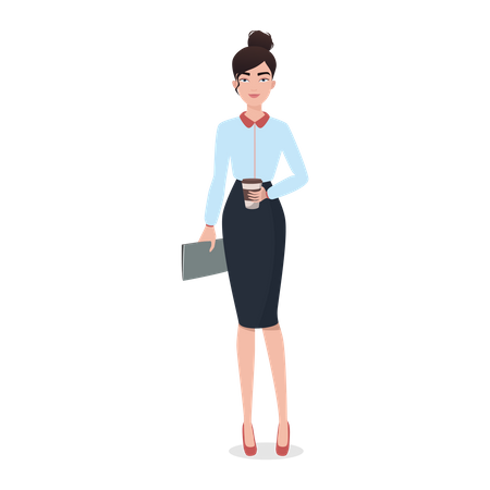 Young woman holding coffee cup business report  Illustration