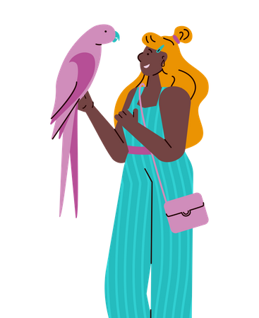 Young woman holding colorful pink parrot  Illustration