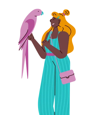 Young woman holding colorful pink parrot  Illustration