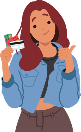 Young Woman Holding Credit Cards And Giving Thumbs Up  Illustration