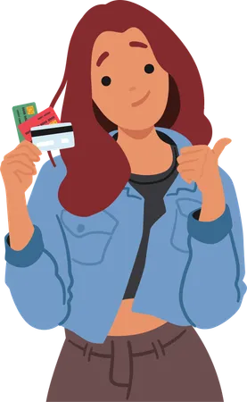 Young Woman Holding Credit Cards And Giving Thumbs Up  Illustration