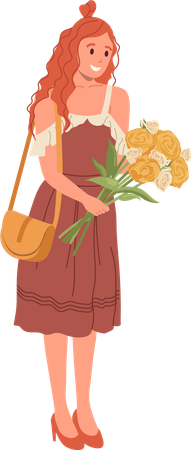 Young woman holding flower bouquet  イラスト