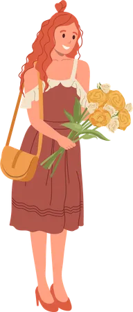 Young woman holding flower bouquet  Illustration