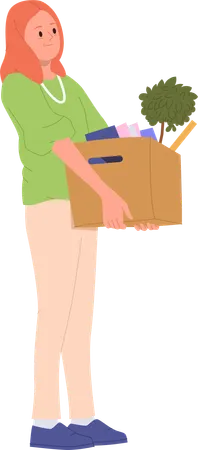Young Woman Flat Cartoon Character Holding Heavy Box With Personal Belongings Isolated On White Background Female Student Or Office Worker Moving Vector Illustration Relocation Time Concept Illustration