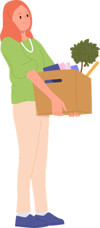 Young woman holding heavy box with personal belongings  Illustration