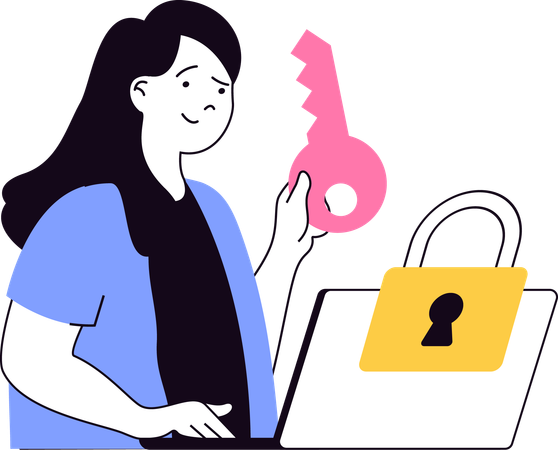 Young woman holding key of laptop security  Illustration