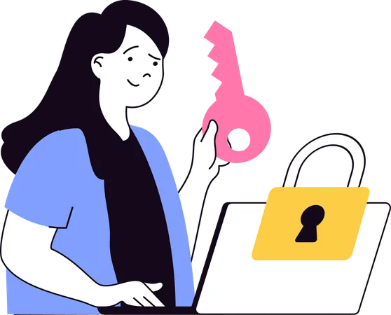 Young woman holding key of laptop security  Illustration