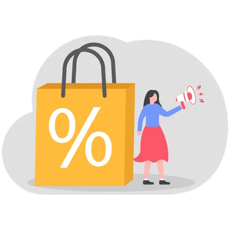 Young woman holding megaphone while doing shopping announcement  Illustration