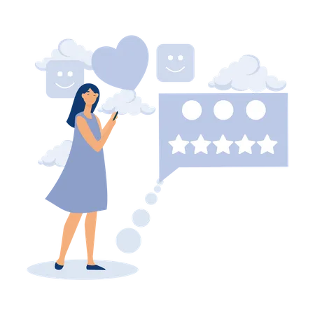 Young woman holding mobile and giving five stars rating feedback Illustration