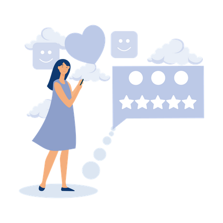 Young woman holding mobile and giving five stars rating feedback  Illustration