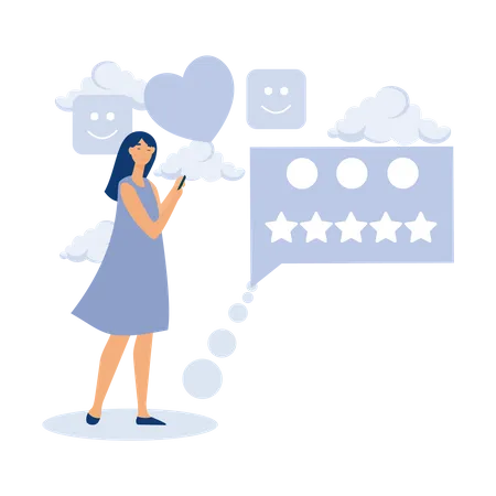 Young woman holding mobile and giving five stars rating feedback  Illustration