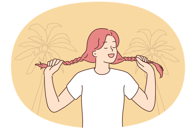 Young woman holding pigtails standing on beach with palm trees for metaphor for inner child  Illustration