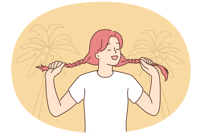 Young woman holding pigtails standing on beach with palm trees for metaphor for inner child  Illustration