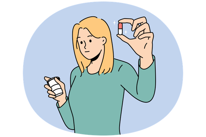 Young woman holding pill in hands taking antidepressants  Illustration