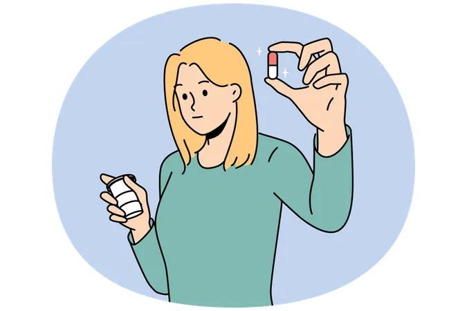 Young woman holding pill in hands taking antidepressants  Illustration