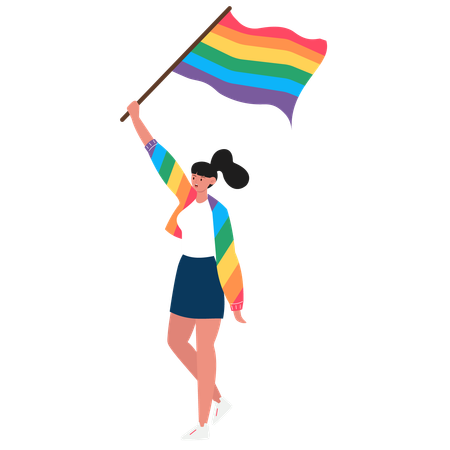 LGBTQ 프라이드를 기념하는 무지개 깃발을 들고 있는 젊은 여성  일러스트레이션