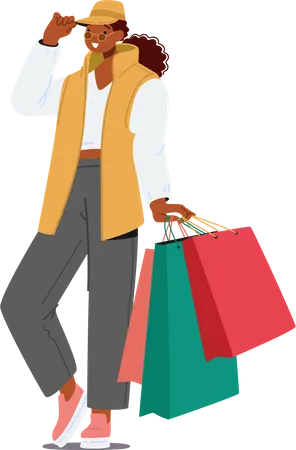 Trendy Shopaholic Girl Wear Fashionable Clothes Holding Purchases In Paper Packs Young Caucasian Woman Holding Colorful Shopping Bags Female Character Shopping Fun Cartoon Vector Illustration Illustration