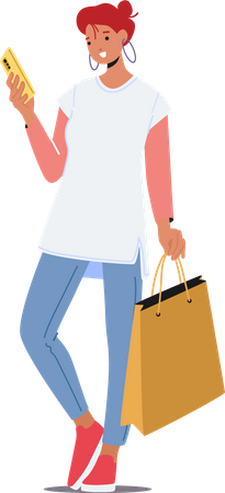 Young Woman Holding Shopping Bags Reading Message on Smartphone  Illustration