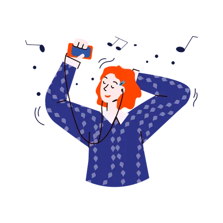Young woman holding smartphone and enjoying a song with closed eyes  Illustration