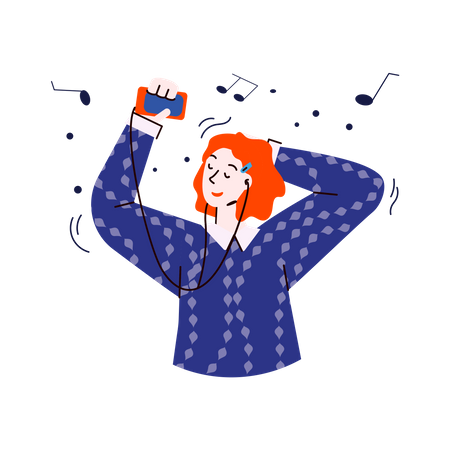 Young woman holding smartphone and enjoying a song with closed eyes  Illustration