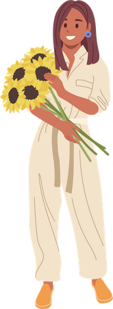 Young woman holding sunflower bouquet  Illustration