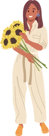 Young woman holding sunflower bouquet  일러스트레이션