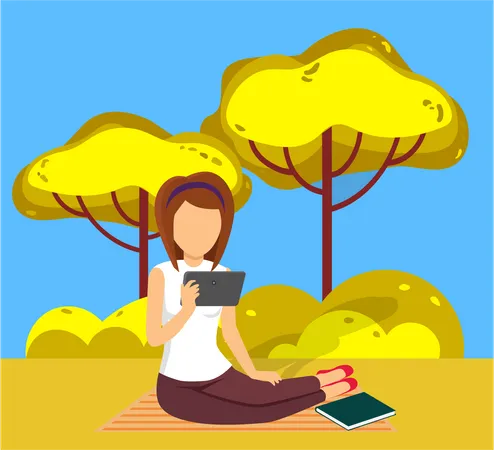 Young woman holding tablet and enjoying outdoor  Illustration