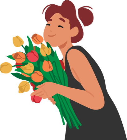 Young Woman holding Tulip Bouquet  Illustration