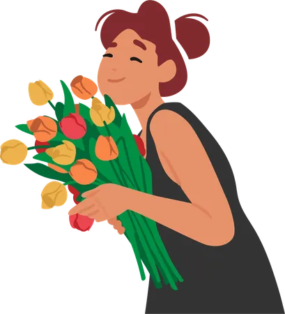 Graceful Young Woman Character Cradles A Vibrant Tulip Bouquet Radiating Joy Petals Mirror Her Youth And The Blooms Symbolize The Beauty She Holds In Her Hands Cartoon People Vector Illustration Illustration