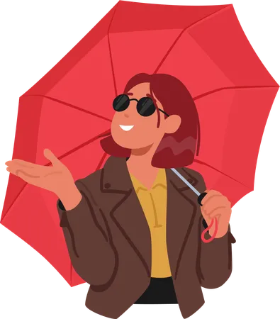 Young Woman Gracefully Holds An Umbrella Its Red Vibrant Colors Contrasting With The Rainy Day Isolated Female Character Exuding Confidence Amid The Fall Downpour Cartoon People Vector Illustration Illustration