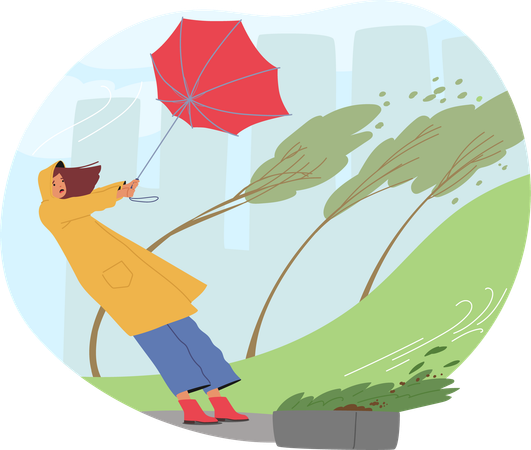 Young woman holding umbrella broken with strong blowing wind while walking in city park  Illustration