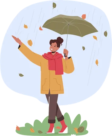 Young Woman Holding Umbrella Stand under Rain and Falling Leaves at Autumn Season  Illustration