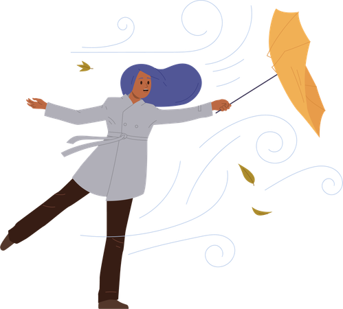 Young woman holding umbrella struggling with strong wind and hurricane  Illustration