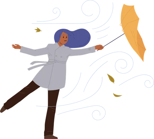 Young woman holding umbrella struggling with strong wind and hurricane  Illustration