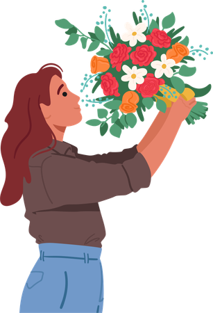 Young Woman  Holds Bouquet  Illustration