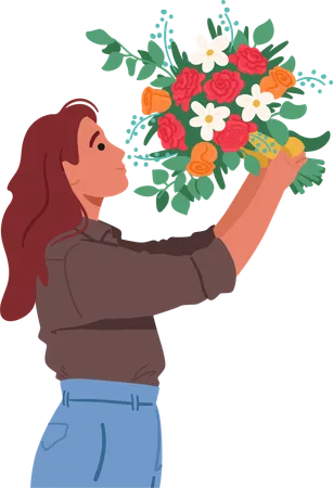 Young Woman Gracefully Holds Vibrant Bouquet Eyes Gleaming With Joy As The Flowers Colors Complement Her Radiant Smile Female Character Get A Gift For 8th March Cartoon People Vector Illustration Illustration