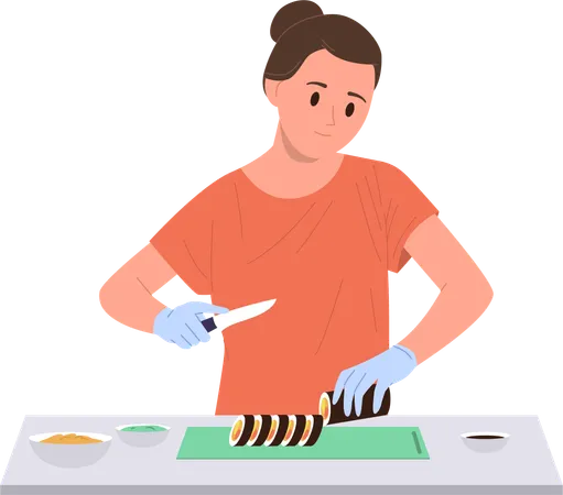 Young woman housewife cooking sushi traditional Asian food  Illustration