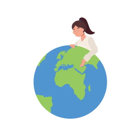 Concept Of Environmental Protection And Nature Care Smiling Girl Hugging Planet Woman Hugs Earth Globe With Care And Love Illustration