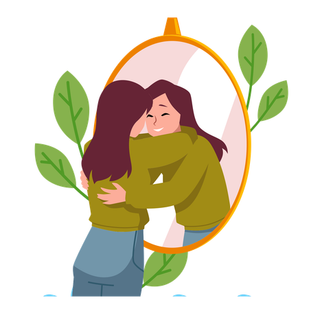 Young Woman Hugs With Mirror Reflection Flat Style, Vector Illustration  Illustration