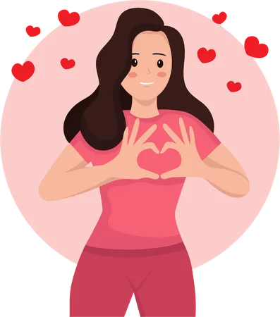 Young Woman In A Good Mood Cheerful Expression Showing A Heart Symbol With Her Hand Vector Illustration Illustration