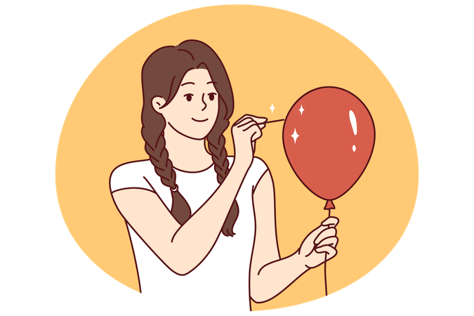 Young woman in casual clothes pierces balloon with needle and looks forward smiling  Illustration