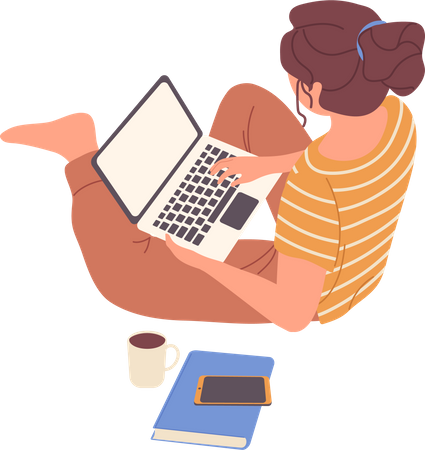 Young woman in casual clothes using laptop while sitting on home floor  Illustration