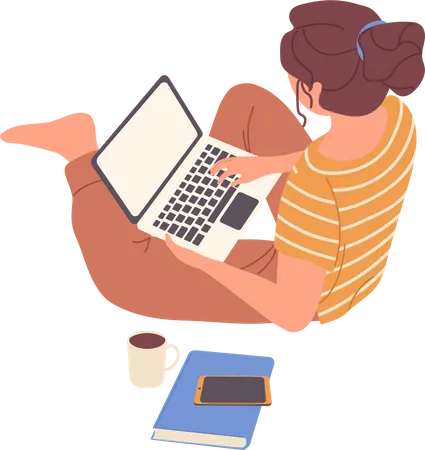 Young woman in casual clothes using laptop while sitting on home floor  Illustration